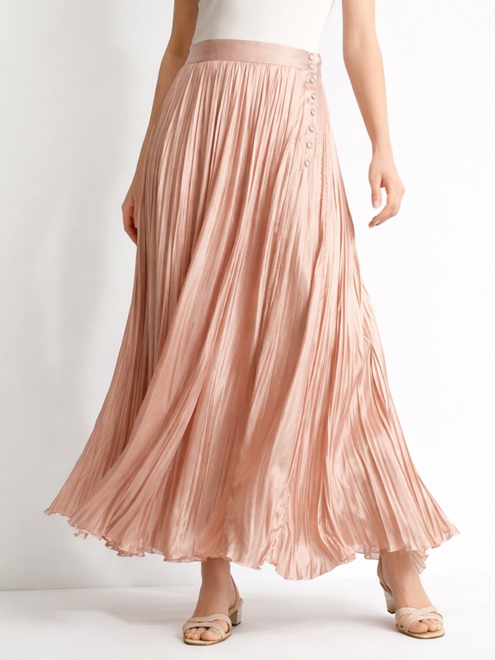 Rachel Comey Pleated Satin Maxi Skirt Pink Blush Side Buttons Small USA